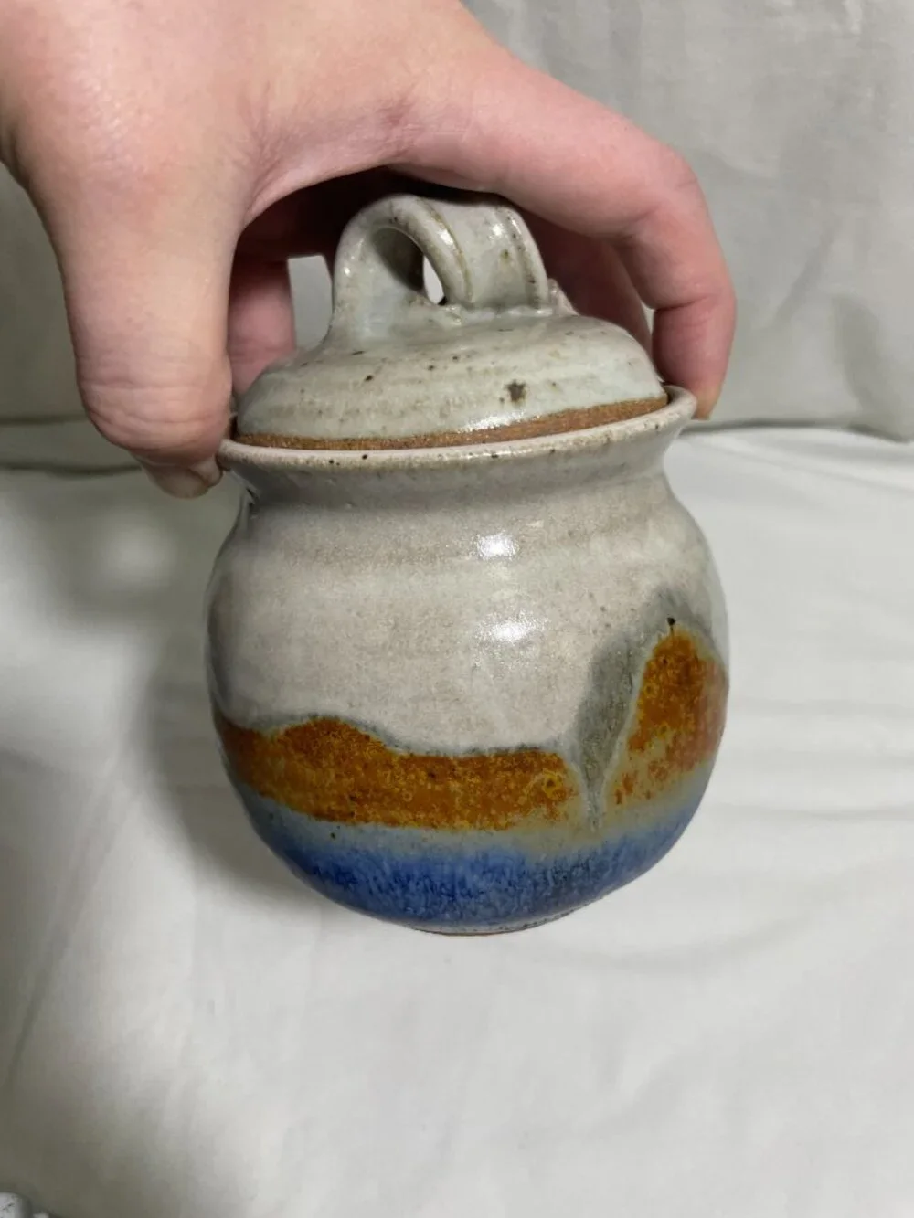 Vintage MCM Studio Stoneware Lidded Sugar Jar Spoon Notch Floral Chop Mark